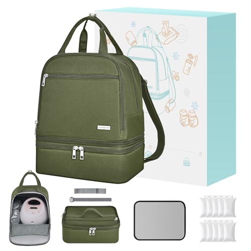 Breast Pump Bag with Insulated Cooler, Double-Layer Pumping Bag for Work & Travel, Fits Most Electric Breast Pumps, Includes 10 Ice Packs & Waterproof Mat, Detachable Bottle Cooler Tote, Green - color: Green
