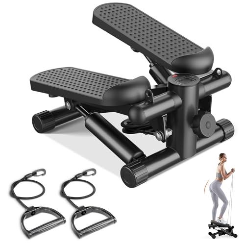 Sweetcrispy Mini Stair Stepper with Resistance Bands, Hydraulic Home Stepper Machine, 300 LBS Weight Capacity, Compact Cardio Equipment with LCD Monitor, No Assembly Required - color: Black
