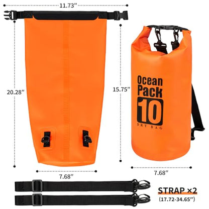 Waterproof Backpack 10L, Roll Top Closure Water Proof Dry Bag Orange, Lightweight Floating Dry Bag for Kayaking Boating, Durable Hiking Backpack with IPX8 Waterproof Phone Pouch-Black, 7" - color: Orange dry bag 10L + Phone pouch 7"