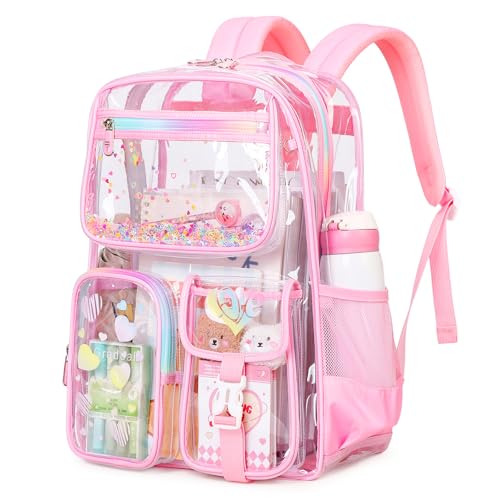 PIG PIG GIRL Clear Backpack for School,Heavy Duty PVC Transparent Bookbag for Girls Stadium Approved See Through Backpack - color: Pink Heart