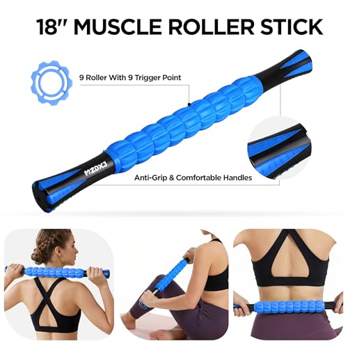 Muscle Roller & Massage Roller Stick for Athletes - Lymphatic Drainage Support, Relieves Muscle Soreness, Cramping & Tightness - Targets Legs, Arms, Back & Calves （Blue - 18inch） - color: Blue
