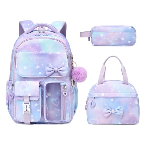 Girls Backpack, School Backpack for Girls, Cute Bow Kids Bookbag for Grils Children Teens for Elementary Middle High School Student, Back To School, Purple Sakura 3pcs - color: Purple Sakura-3pcs