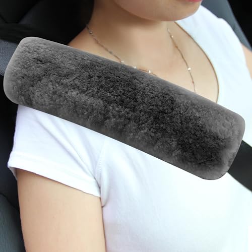 Amooca Authentic Sheepskin Seatbelt Cover Real Wool Car Truck SUV Airplane Seat Belt Shoulder Pad for Carmera Backpack Straps Neck Cushion Protector 2 Pack Dark Grey - color: Dark Grey Sheepskin, size: 10.5in 2pack