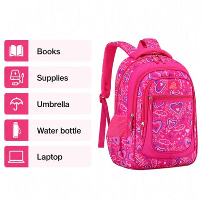 MYGOO Girls School Backpack Vineyard Heart Pink Bookbag for Elementary Middle School Ages 5-12, 17 inch Large Capacity 24L Kids Student Travel Bags - color: Vineyard Heart Pink