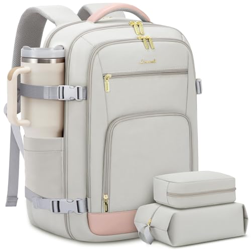 LOVEVOOK Travel Backpack For Women, 40L Carry On Backpack Flight Approved, TSA Personal Item Travel Bag Fits 17 Inch Laptop, Business Weekender Overnight Waterproof Daypack With 2 Cubes, Grey-Pink - color: Pink-grey, size: 40l-17.3 Inch-3pcs