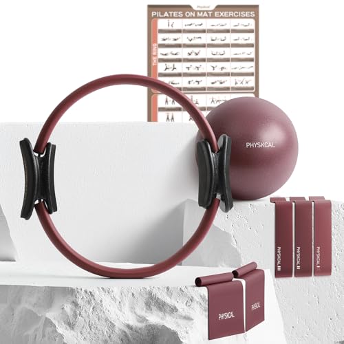 PhysKcal Pilates Kit, 15-Inch Pilates Ring with 1x Core Ball, 3X Resistant Loops and 2X Flex Bands, Home Pilates Equipment Set and Mat Pilates Essential Kit - color: Plum