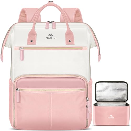 MATEIN Lunch Backpack for Women, 17.3 Inch Work Backpack with Laptop Compartment, College Computer Lunchbox Backpacks with Insulated Lunch box Meal Prep Bag for Teens Office Commute College, 2pcs Set - color: Pink, size: 17.3 Inch