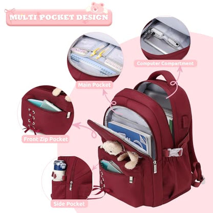 ACESAK School Backpack for Girls - 3 PCS Cute Girls Backpack with Lunch Box & Pencil Case - Kawaii Casual Kids Bookbag School Bag Daypacks Set for Elementary Middle High School Student Teens (Red) - color: Red