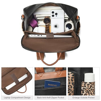Shrrie 15.6 inch Laptop Backpack for Women,Large Leather Purse,Travel Backpacks Carry on,Water Resistant Casual Laptop Backpacks,College Backpack,Work Backpack for Women,Two-toned Deep Gray - color: Black With Leopard