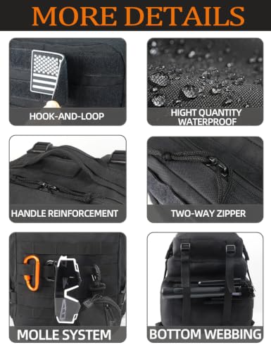 J.SH 45L Large Military Tactical Backpack for Men, Army Assault Pack Bag with MOLLE System, 3-Day Bug Out Bag for Outdoor Hiking, Gym, Tactical Missions, Rugged Survival & Outdoor Rescue - Black