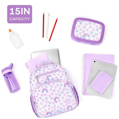 mibasies Kids Backpack for Girls 5-8: Water-Resistant School Bookbag for Kindergarten and Elementary - Rainbow Purple - color: Rainbow Purple, style: Kids-15"h