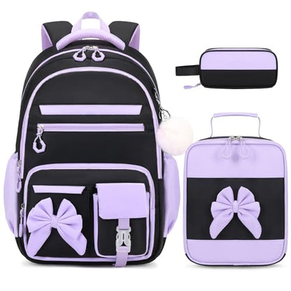 DIGOBAY Backpack for Girls, 3PCS Girls Backpack for School with Lunch Bag Pencil Case, Cute Kids Teens Bookbag for Kindergarten Elementary Preschool Middle School (Black-Purple) - color: Black-purple