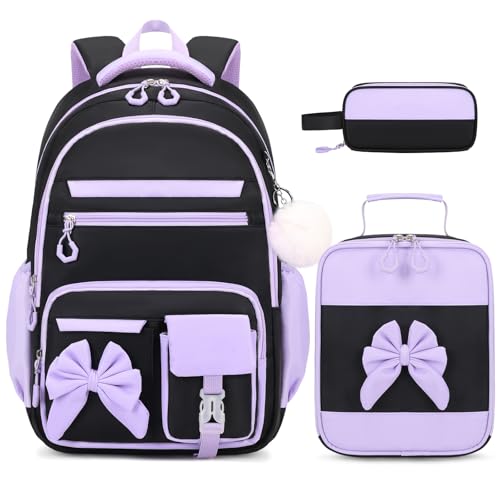 DIGOBAY Backpack for Girls, 3PCS Girls Backpack for School with Lunch Bag Pencil Case, Cute Kids Teens Bookbag for Kindergarten Elementary Preschool Middle School (Black-Purple) - color: Black-purple