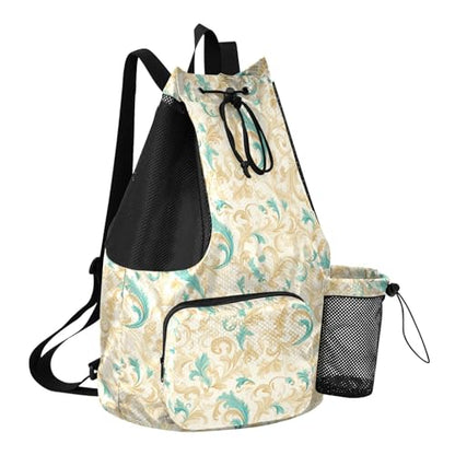 Yuiboo Retro Pattern Drawstring Backpack for Swim Sports Gym Bag with Water Bottle Holder Cinch Back Sack Waterproof