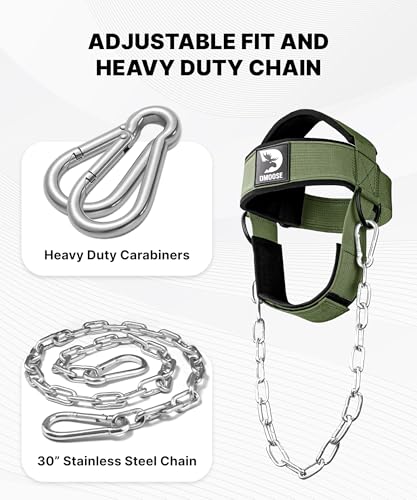 DMoose Fitness Neck Harness for Weight Lifting - Soft Padded Head & Chin Strap with 30" Heavy Duty Steel Chain - Neck Exerciser, Trainer & Strengthener to Support Injury Recovery and Intense Workouts - color: Military Green