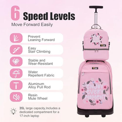 NEW TILAMI 19 inch Rolling Backpack Teens Rolling Backpack Cute Wheeled Laptop Backpack Bookbag Roller Travel Bag College, Flower Pink - color: Pink Flower