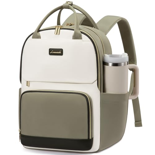 LOVEVOOK Laptop Backpack for Women with Giant Tumbler Holder Pocket, 15.6 inch Travel Work Backpack Purse for Teacher Nurse, Waterproof College Book Bag Cute Casual Daypack, Beige-Green - color: Bean Green Beige, size: 15.6 inch