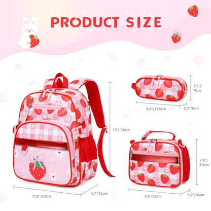 Toddler Backpack for Girls Ages 5-8, 3PCS Girls Backpack with Lunch Bag & Pencil Case - 15inch Kids School Bookbag for Preschool Kindergarten Elementary School (Strawberry) - color: Strawberry