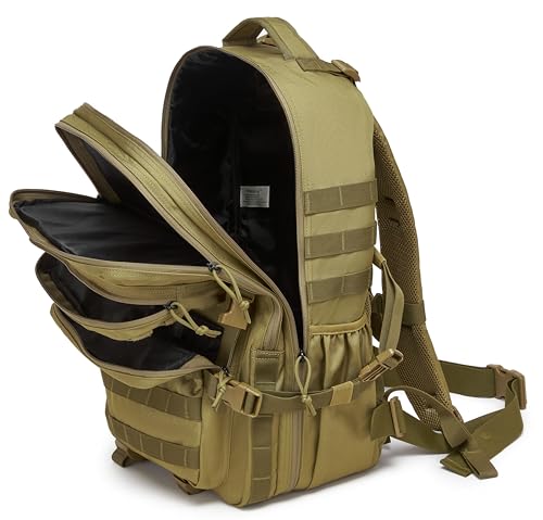 Wotony Military Tactical Backpack for Men Waterproof Daypack 3 Day Assault Pack Molle Bag with Water Bottle Holder - color: Khaki, size: 50L