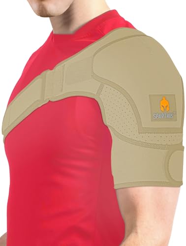 Sparthos Shoulder Brace - Support Sleeve for Torn Rotator Cuff, AC Joint Pain Relief - Arm Stability Strap Wrap - Fits Bicep 14-30 in, Left or Right, Men & Women - Measure Before Purchase - Beige-XXL - color: Desert Beige, style: XXL