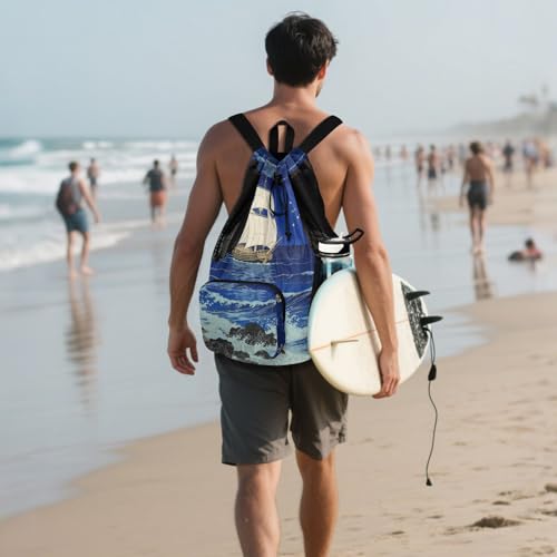 Drawstring Gym Bag With Inside Pockets Women Mens Drawstring Backpack with Wet Dry Compartments Japanese Ocean Boat