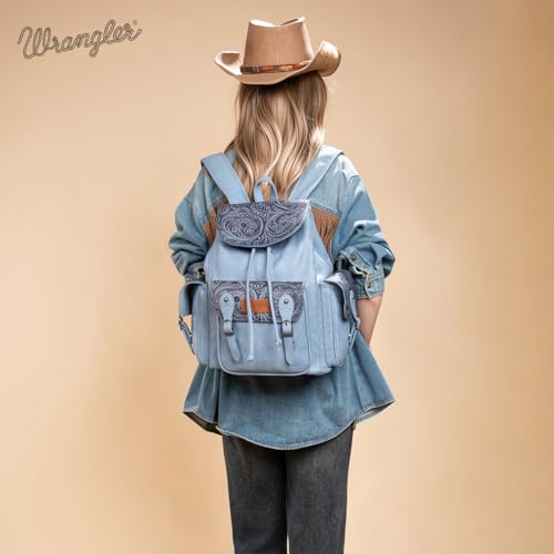 Montana West Wrangler Backpack Purse for Women Men Western Backpack Floral Tooled Travel Bags - color: Carve Jean