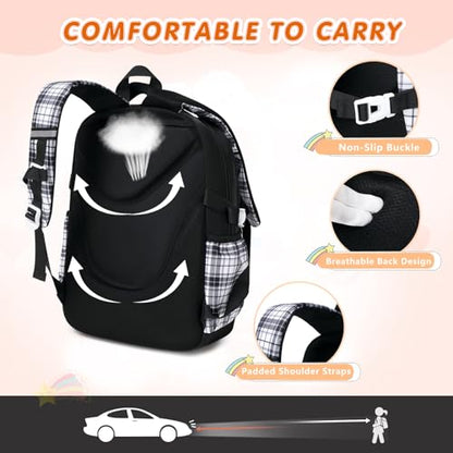 GeeWin School Backpack for Girls, Bookbags School Bag for Teen Girl Elementary Middle School Student, Cute Stylish Plaid Girls Backpack with Matching Insulated Lunch Bag & Pencil Bag(Black) - color: Black
