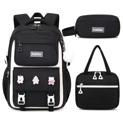 Girls Backpack, 3pcs Sets Kids Backpack for Girls with Anti-theft Back Pocket, Lightweight School Backpacks Water Resistant Lunch Bag with Pencil case for Elementary Primary School, Black - color: Black 3pcs