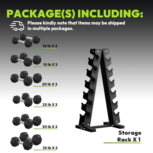 HANDBODE Rubber Coated Hex Dumbbell Set with A-Frame Rack, 100 lb - 600 lb Multiple Options Weight, Hexagon Non-Rolling Shape, Ergonomic Knurled Handle, Home Gym Equipment for Strength Training - style: 270 lb Set (Pair of 10, 15, 20, 25, 30, 35 lb) & Rac