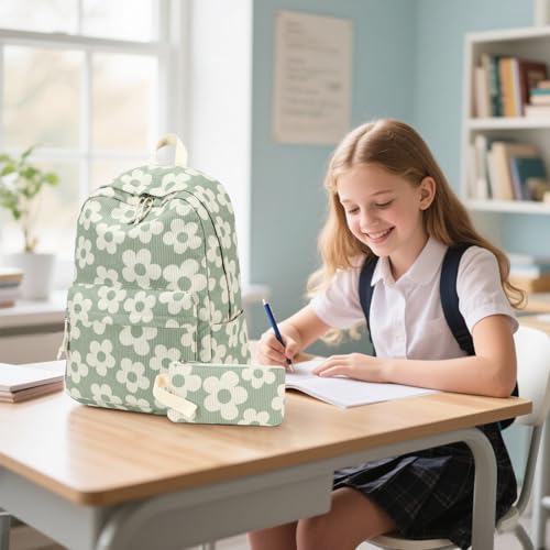 Bluboon School Backpack Set Girls Womens Laptop Bookbag Casual Daypack Fits 15 inch Laptop with Lunch Tote Bag and Pencil Bag - color: Beige Floral / Green-gray Base