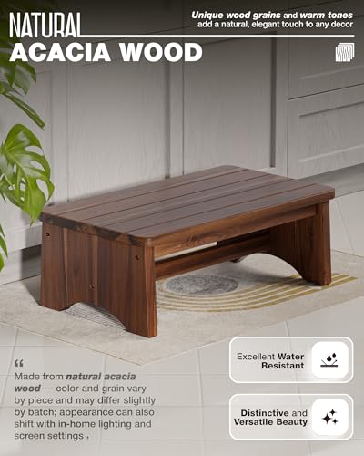 FANATU Extra Wide 26in Wooden Step Stool, Heavy Duty One Step Stool for Adults and Seniors, Holds Up to 550 lbs, Reinforced Cross Bar, Non-Skid Surface (Walnut) - color: Walnut