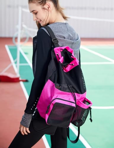 Lohol Large Mesh Drawstring Backpack with Shoe Bag, Durable Swimming String Sack with Handle for Sports Gym Yoga Beach Travel - color: Rose Pink