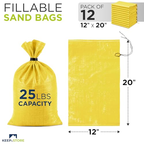 Heavy Duty Sand Bags Pack of 12, Bright Yellow Empty Sandbags with Built-In Ties, Woven Polypropylene UV Protection 1600 Hours, Fillable Bags for Flood Control, Weight, 12x20 inches, 25 Pounds Volume - size: 12"W x 20"L, style: Pack of 12