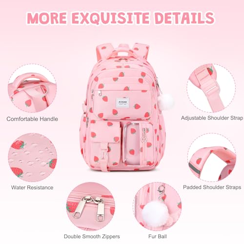 ACESAK Backpack for Girls - Girls Backpack with Lunch Bag & Pencil Pouch for Teen Kids Laptop Backpack for Women, Elementary Middle High School Bookbag Travel Daypack (Pink Strawberry) - color: Pink Strawberry