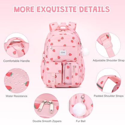 ACESAK Backpack for Girls - Girls Backpack with Lunch Bag & Pencil Pouch for Teen Kids Laptop Backpack for Women, Elementary Middle High School Bookbag Travel Daypack (Pink Strawberry) - color: Pink Strawberry