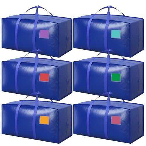 6 Pack Moving Bags with Full-Open Side Zipper, Extra Large 93L Heavy Duty Waterproof Foldable Storage Totes for College Dorm, Moving & Home Organization,Blue - color: Bluek, size: 6 Pack