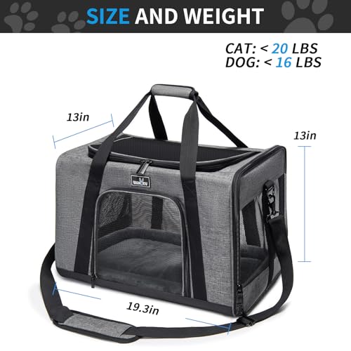 Wakytu Pet Carrier for Medium Large Cats and Dogs, Dog Carrier Travel Bag with Adequate Ventilation, 5 Mesh Windows, 3 Entrance, Locking Safety Zippers, Padded Shoulder and Carrying Strap, Large - color: 1.0 Grey, size: 19.3"L x 13"W x 13"H