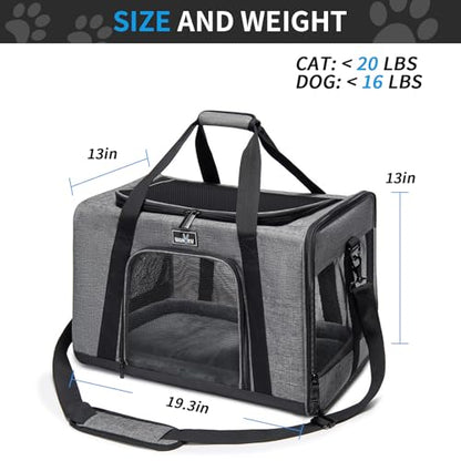 Wakytu Pet Carrier for Medium Large Cats and Dogs, Dog Carrier Travel Bag with Adequate Ventilation, 5 Mesh Windows, 3 Entrance, Locking Safety Zippers, Padded Shoulder and Carrying Strap, Large - color: 1.0 Grey, size: 19.3"L x 13"W x 13"H