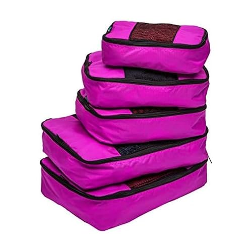 Travel Wise Packing Cubes for Travel - 5 Piece Set with Pattern Design, Lightweight Ripstop Nylon Luggage Organizers with Mesh Panel, Small Medium Large Sizes - color: Pink