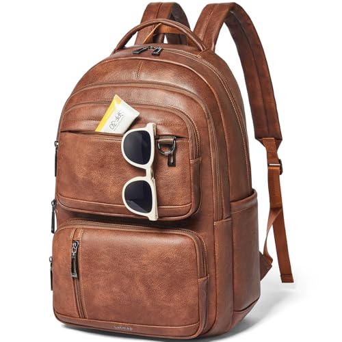 LATMAP Vegan Leather Backpack 17Inch Laptop Backpack for Women Travel Brown | Large capacity, laptop compartment, water-resistant, easy to wipe clean, TSA-friendly, with luggage strap & pickpocket-proof - color: Brown