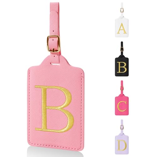 Personalized Initial Luggage Tags for Suitcases,Leather Letter Cute Luggage Tags with Privacy Name Card,Embroidered Monogrammed Travel Bag Backpack Tag Gifts for Women Kids Girls Teens(Pink-B) - color: Pink, size: B