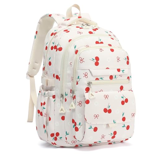 Phaoullzon Girls High Middle School Cherry Backpack for Kids Kawaii Bookbag College Daypack,Cherry - color: Beige Cherry, size: Large (17.5 Inch)