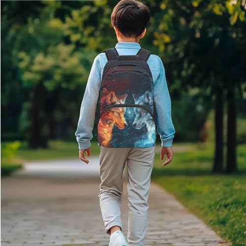 JEOCODY Cool Wolf Kids School Bag for Girls Backpack with Lunch Box Pencil Case Organizer Water Bottle Holder Set of 4 Boys School Supplies Casual Daypack for Travel Hiking - color: Cool Galaxy Wolf Printed