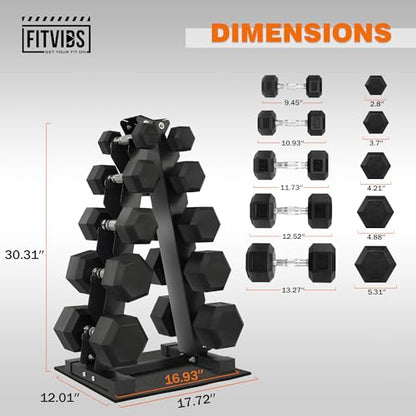 Fitvids Rubber Coated Hex Dumbbell Weight Set and Rack â€“ Dumbbell + A-Rack: 150lbs (5-25lbs Pairs) â€“ Black