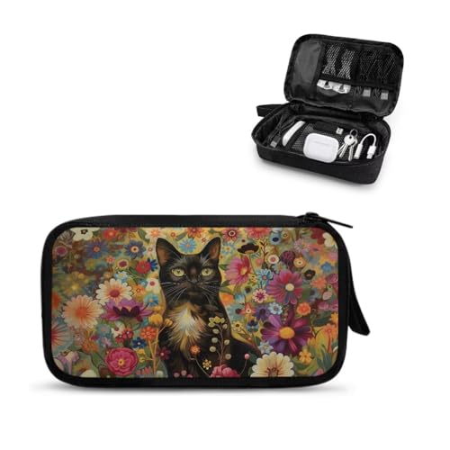 Black Cat Cable Organizer Bag Tech Pouch Portable Electronics Organizer Travel Case for Phone Power Bank SD Card Electronic Accessories Carry Case - color: Black Cat