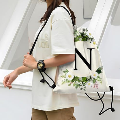 Initial Letter Drawstring Backpack String Sports Gym Bags Waterproof Sackpack Cute for Men Women Beach (13"×17") (Letter-N) - color: Letter-n