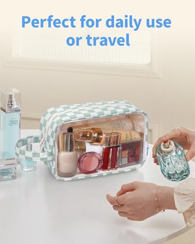 Narwey Clear Toiletry Bags for Traveling Women Men, Clear Travel Bags for Toiletries Makeup Bag Cosmetic Bag with Zipper, Make Up Organizer, Skincare Bag (Mint Green Checkerboard) - color: Y-Mint Green Checkerboard