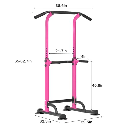 SogesPower Power Tower Dip Station Pull Up Bar for Home Gym Adjustable Height Strength Training Workout Equipment,Pull Up Bar Station - color: Pink