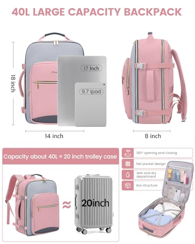LOVEVOOK 40L Travel Backpack for Women & Men, Airline Approved Carry On Luggage with 3 Packing Cubes, TSA Overnight Bags, Waterproof Personal Item Bag, Weekender Essentials Backpacks fits 17" Laptop - color: Pink-light Grey-grey, size: Large