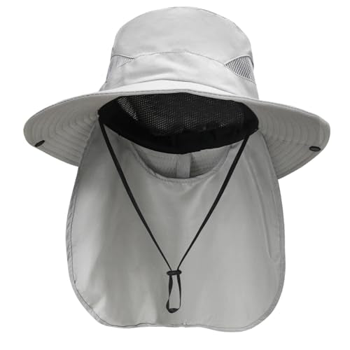 NPQQUAN Sun Hats for Men Women with Neck Flap UPF 50+ UV Protection Wide Brim Bucket Hat Safari Hiking Fishing Hats - color: Lightgrey（neck Flap）